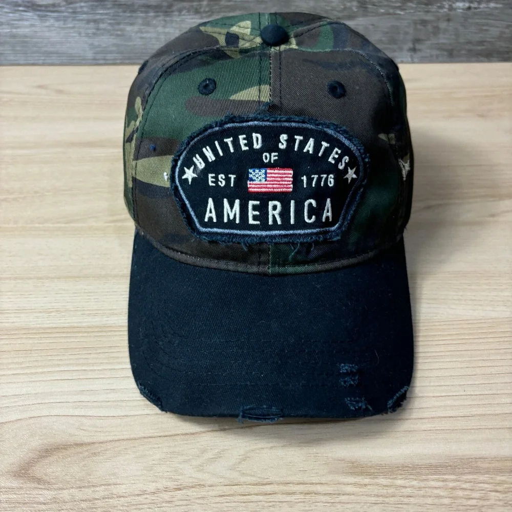 USA Hat Cap Strap Back‎ Red Green Camo Army United States of America Adjustable